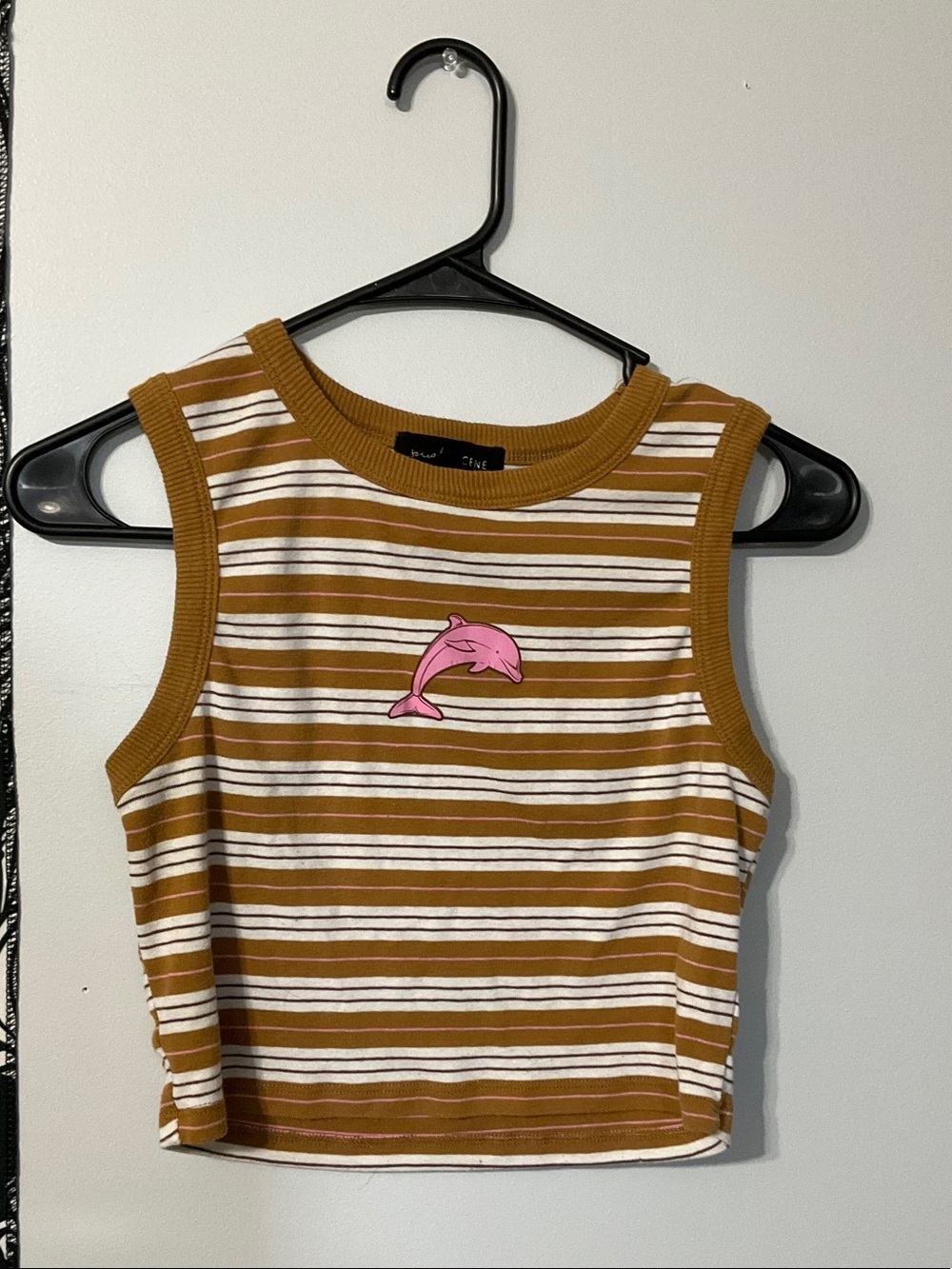 Striped Mustard & White Crop Tank with Pink Dolphin
